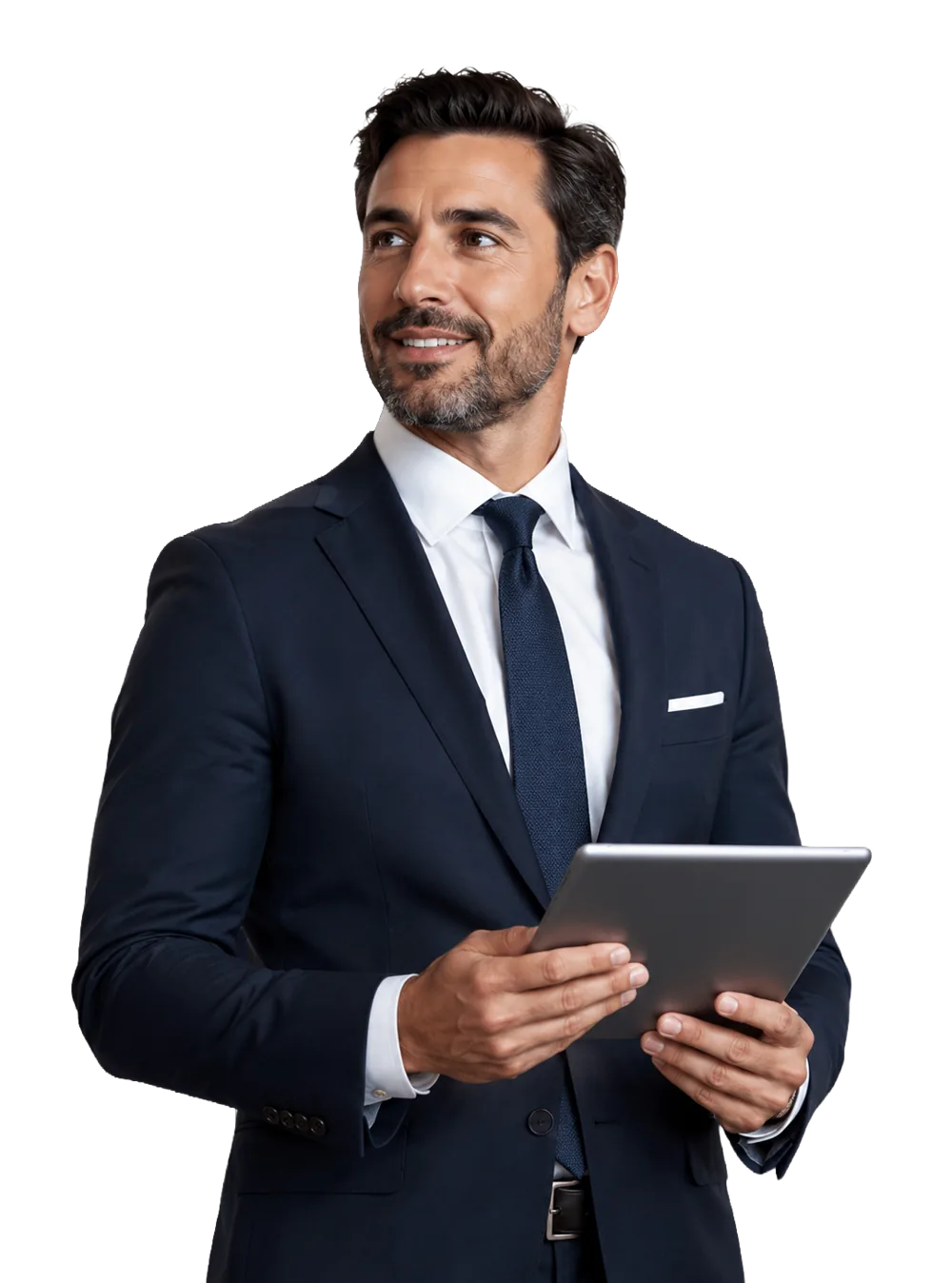 Advogado sorridente de terno segurando um tablet